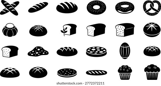 Bread pastry baked goods icons collection in monochrome bakery style