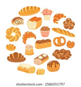 Bread Pastry Bakery products Cartoon hand drawn set. Various Loaf Bun Roll, French Baguette Croissant, Bagel, Pie, Cinnamon Roll, Wheat Rye Bread. Menu Bakery Pastry Textured art Vector illustration