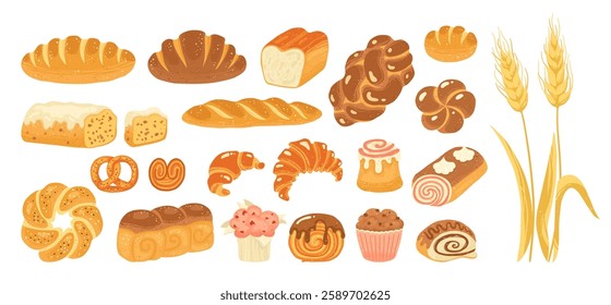 Bread and pastry bakery products cartoon hand drawn set. Various loaf bun roll, muffin, French baguette and croissant, wheat rye bread. Menu bakery pastry textured art collection vector illustration