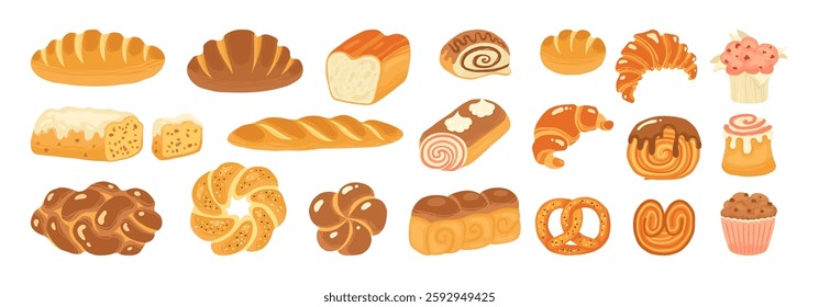 Bread and pastry bakery products cartoon set. Various loaf bun roll, muffin, French baguette and croissant, wheat rye bread. Menu bakery pastry hand drawn food retro art collection vector illustration