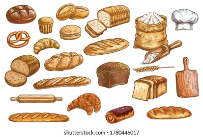 Bread and pastry. Bakery products color isolated sketches. Wheat, rye and pullman bread, baguette and challah, croissant, pretzel, flour, rolling pin and cutting board, chef toque vector icon set