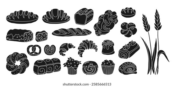 Bread and Pastry Bakery products doodle engraving set. Loaf Bun Roll, Muffin, French Baguette and Croissant, Wheat Rye Bread. Menu Bakery Pastry linear stencil collection cartoon Vector Illustration