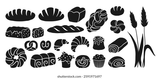 Bread and pastry bakery products simple symbol set. Various loaf bun roll, muffin, French baguette and croissant wheat rye bread. Menu bakery pastry collection silhouette vector cartoon illustration