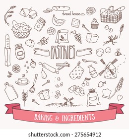 Bread, pastry and baking ingredients doodle set. Hand drawn vector illustration.