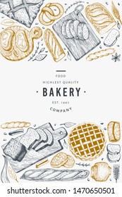 Bread and pastry banner. Vector bakery hand drawn illustration. Vintage design template.