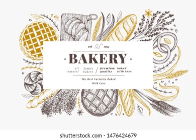 Bread and pastry banner. Vector bakery hand drawn illustration. Vintage design template.