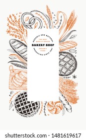 Bread and pastry banner. Vector bakery hand drawn illustration. Retro design template.