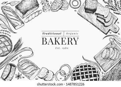 Bread and pastry banner. Vector bakery hand drawn illustration. Vintage design template.