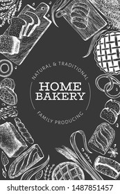 Bread and pastry banner. Vector bakery hand drawn illustration on chalk board. Vintage design template.
