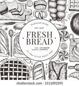 Bread and pastry banner. Vector bakery hand drawn illustration. Vintage design template.