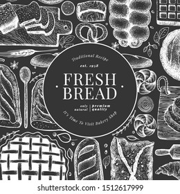 Bread and pastry banner. Vector bakery hand drawn illustration on chalk board. Retro design template.