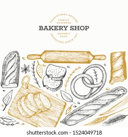 Bread and pastry banner. Vector bakery hand drawn illustration. Vintage design template.