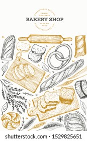 Bread and pastry banner. Vector bakery hand drawn illustration. Retro design template.