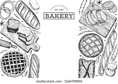 Bread and pastry banner. Vector bakery hand drawn illustration. Vintage design template.