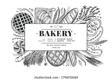 Bread and pastry banner. Vector bakery hand drawn illustration. Vintage design template.