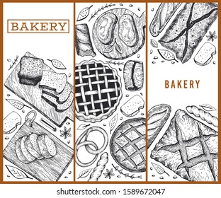 Bread and pastry banners set. Vector bakery hand drawn illustration. Retro design template.