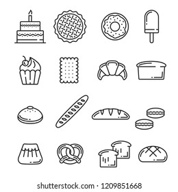 Bread and pastry cakes lineart icons of bakery or patisserie. Vector birthday torte, fruit pie or donut and ice cream with cupcake or baguette or wheat toast and rye loaf, pretzel and croissant