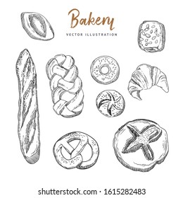 Bread and pastry collection. Hand drawn sketch of bakery products.Vector illustrations