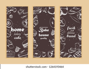 Bread and pastry collection. Home bakery background. Linear graphic. Fresh and delicious bread. Bake house. Vector illustration.