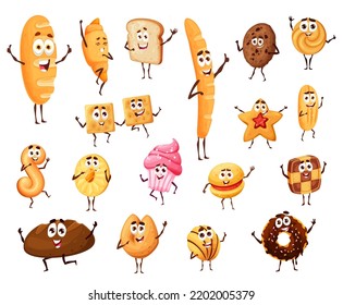 Bread, pastry and confectionery cartoon funny characters, vector bakery. Smiling bread loaf and pastry bagel, cookie and chocolate donut, toast, crackers, baguette and cupcake with biscuit, croissant