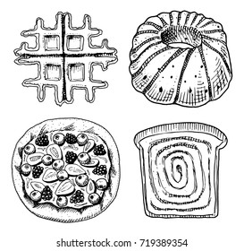 bread and pastry donut, Belgian waffles and sweet bun or fruit pie and toasts and charlotte. engraved hand drawn in old sketch and vintage style for label and menu bakery shop. organic food.