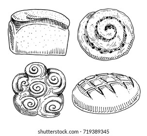 bread and pastry donut, long loaf. sweet bun. engraved hand drawn in old sketch and vintage style for label and menu bakery shop. organic food of flour.
