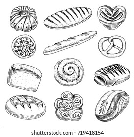 bread and pastry donut, long loaf and fruit pie. sweet bun or croissant, bagels and toasts. engraved hand drawn in old sketch and vintage style for label and menu bakery shop. organic food.