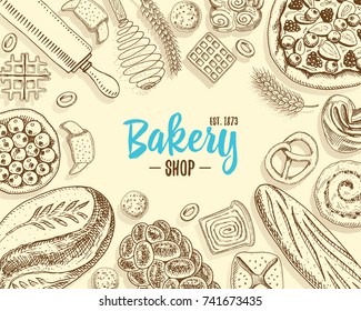 bread and pastry donut long loaf and fruit pie. sweet bun or croissant, muffin and toasts. engraved hand drawn in old sketch and vintage style for label and menu bakery shop. organic food background.