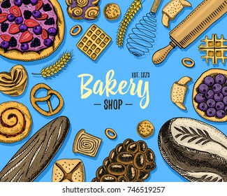 bread and pastry donut long loaf and fruit pie. sweet bun or croissant, muffin and toasts. engraved hand drawn in old sketch and vintage style for label and menu bakery shop. organic food background.