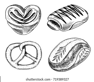 bread and pastry donut, sweet bun or bagels with chocolate. engraved hand drawn in old sketch and vintage style for label and menu bakery shop. organic food of flour.