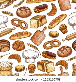 Bread and pastry food seamless pattern with fresh loaf and bun sketch. Wheat bread, croissant and baguette, cake, toast and cupcake, cookie, chocolate roll and bagel, flour bag and baker hat