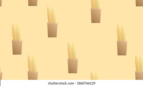 Bread and pastry food seamless pattern with fresh loaf and bun sketch. Wheat bread, croissant and baguette, cake, toast and cupcake, cookie, chocolate roll and bagel, flour bag and baker hat.