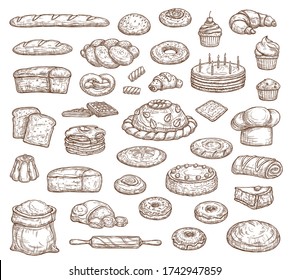 Bread and pastry isolated sketch icons, vector food of bakery shop. Bread, cake, baguette and croissant, cupcake, toast, donut and muffin, bun, pretzel, pie, cookie and waffle, cereal flour and dough