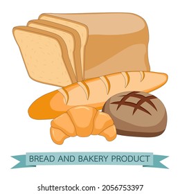 Bread and pastry products made of rye wheat and whole grain. Fresh bakery production baked croissant, bun, toast loaf and baguette for bake store.