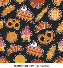 Bread and pastry seamless pattern isolated on background .Outline bakery dessert illustration. Bread, Cake, Apple Pie, Pretzel, Loaf, Croissant, Cupcake, Baguette, Cracker, Cookies in flat style.