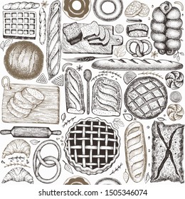 Bread and pastry seamless pattern. Vector bakery hand drawn illustration. Retro design template.