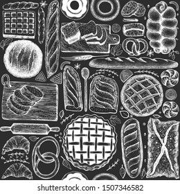 Bread and pastry seamless pattern. Vector bakery hand drawn illustration chalk board. Retro design template.