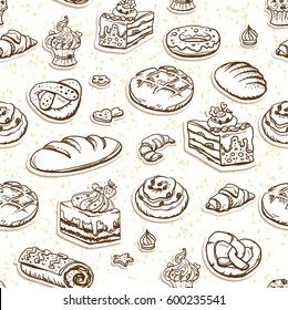 Bread and pastry sketch seamless pattern. Food background