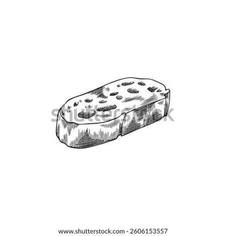 Bread pastry slice sketch icon. Hand drawn wheat bread tasty bakery one piece. Vector engraved illustration of baked food baguette. Fresh ruddy toast, sandwich ingredient isolated