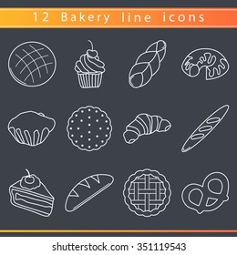 Bread and pastry thin line icon set isolated on background .Outline bakery dessert icons. Bread, Cake, Apple Pie, Pretzel, Loaf, Croissant, Cupcake, Baguette, Cracker, Cookies. 