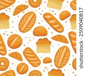 Bread pattern. Seamless print of bakery products with baguettes croissants bagels pretzels, cartoon fresh baked food. Vector texture. Fresh loaf of bread, tasty buns. Sweet pastry fabric on soft