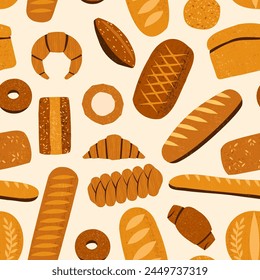 Bread pattern. Seamless print of bakery products with baguettes croissants bagels pretzels, cartoon fresh baked food. Vector texture. Fresh loaf of bread, tasty buns. Sweet pastry fabric