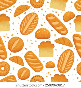 Bread pattern. Seamless print of bakery products with baguettes croissants bagels pretzels, cartoon fresh baked food. Vector texture. Fresh loaf of bread, tasty buns. Sweet pastry fabric on soft