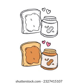 Bread and peanut butter hand drawn doodle sticker. Cute food couple cartoon drawing vector icon illustration