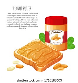 Bread with Peanut butter. Jar of peanut butter isolated on white. Vector Illustration. Template for banner.