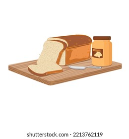 Bread with peanut butter jar and bread knife on wooden cutting board. Vector illustration design