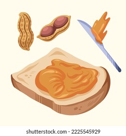 Bread with peanut butter on top, with whole and opened peanut and knife decoration. Peanut butter sandwich vector illustration with cartoon flat art style and color isolated on plain yellow background