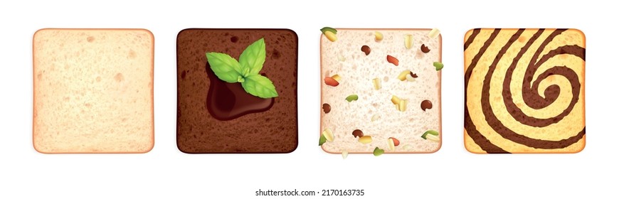 Bread pieces set with realistic icons of gourmet bread square slices isolated images on blank background vector illustration