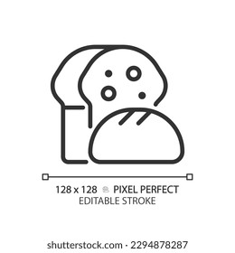 Bread pixel perfect linear icon. Bakery department. Fresh baked. Food category. Breakfast menu. Whole wheat. Thin line illustration. Contour symbol. Vector outline drawing. Editable stroke