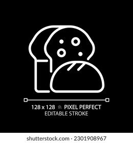 Bread pixel perfect white linear icon for dark theme. Bakery department. Fresh baked. Food category. Whole wheat. Thin line illustration. Isolated symbol for night mode. Editable stroke